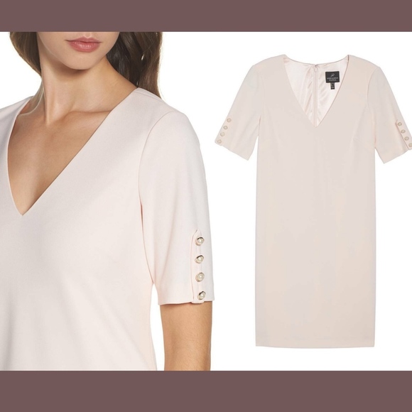 NEW Adrianna Papell Button Sleeve Shift Dress in Blush Pink [SZ 14 ]‎ - Picture 2 of 8
